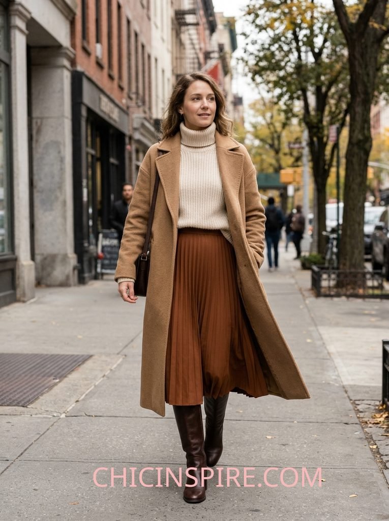 Fall Outfits Over 40: 20 Warm & Cozy Looks for the Season 11 Fall Outfits Over 40: 20 Warm & Cozy Looks for the Season Turtleneck + Midi Skirt + Knee-High Boots + Wool Coat