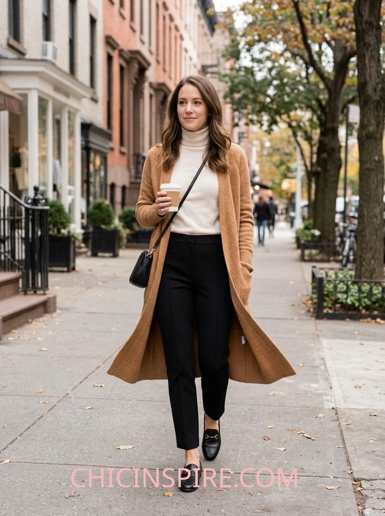 Fall Outfits Over 40: 20 Warm & Cozy Looks for the Season 6 Fall Outfits Over 40: 20 Warm & Cozy Looks for the Season Turtleneck + Ponte Trousers + Longline Cardigan + Loafers