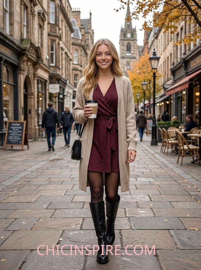 Fall Outfits Over 40: 20 Warm & Cozy Looks for the Season 23 Fall Outfits Over 40: 20 Warm & Cozy Looks for the Season Wrap Dress + Long Cardigan + Tights + Knee-High Boots